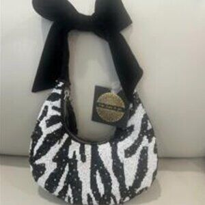 Handmade India Tik Tok Viral Beaded Sequin Zebra Handbag Velvet Bow Handle NWT